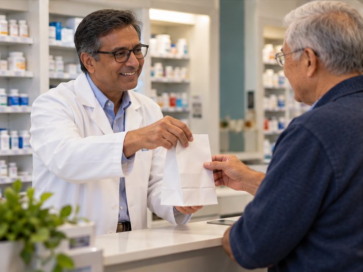 A pharmacist handing a prescription bag to a customer