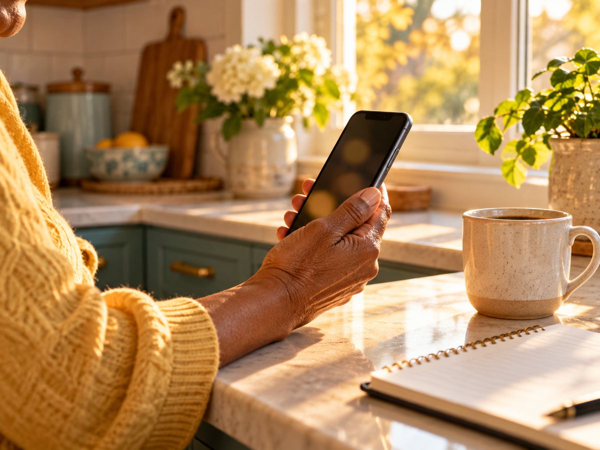 A hand holding a phone at a sunny kitchen counter beside a coffee mug and notebook